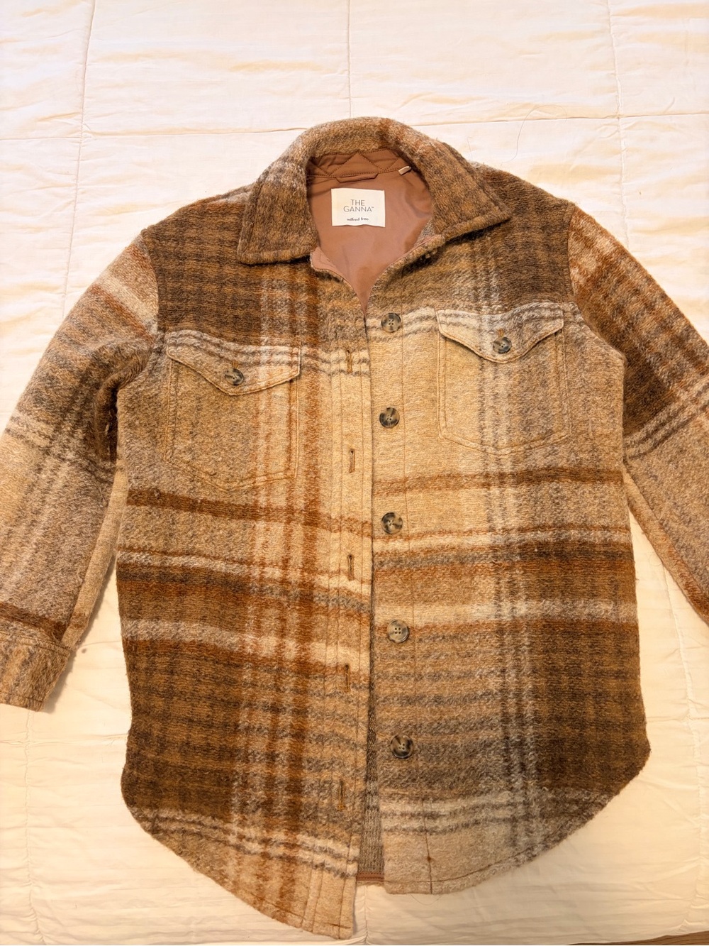 The Ganna Plaid Wool Button-Up Shacket in Brown Multi